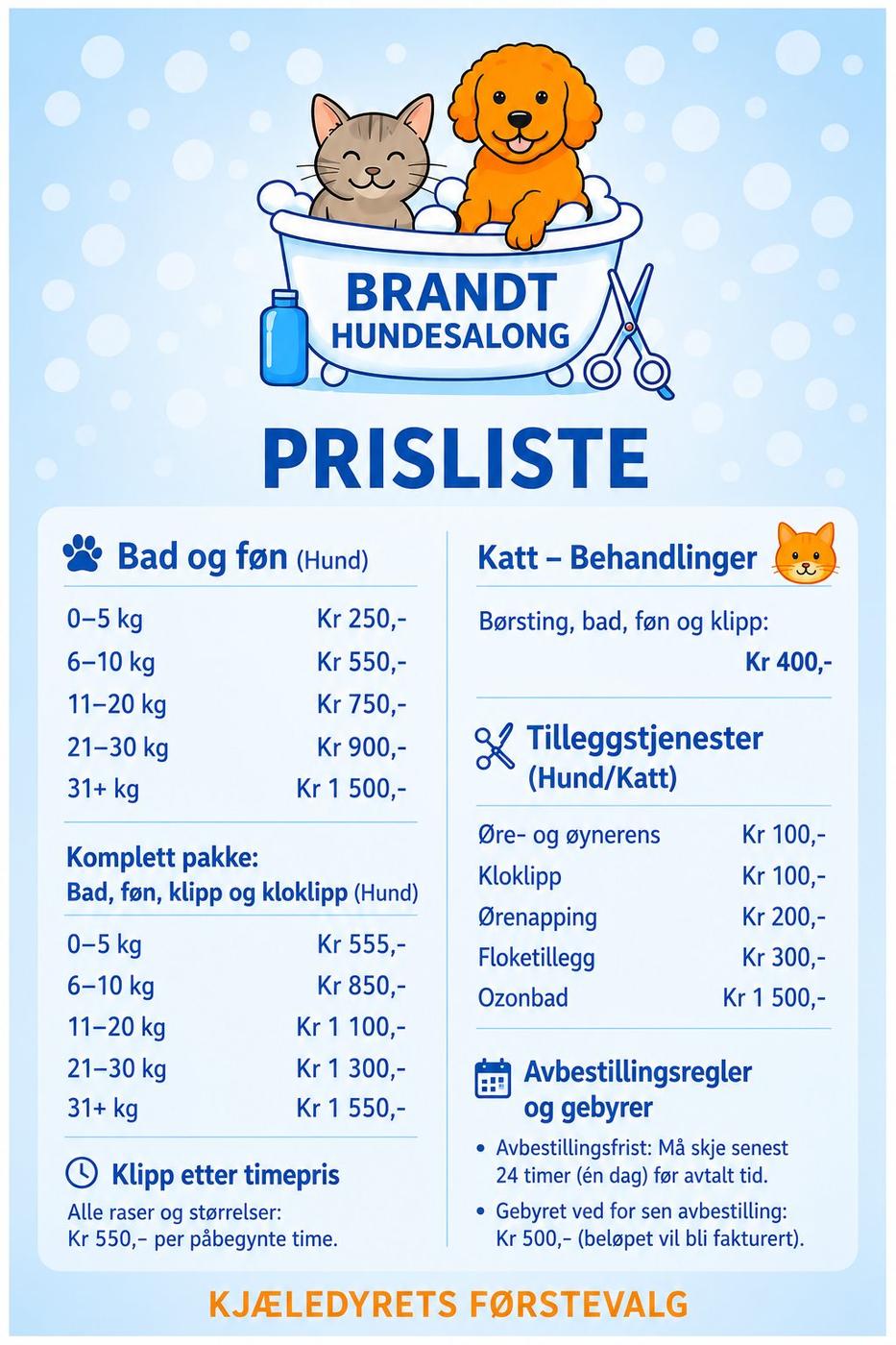Prisliste for Brandt Hundesalong