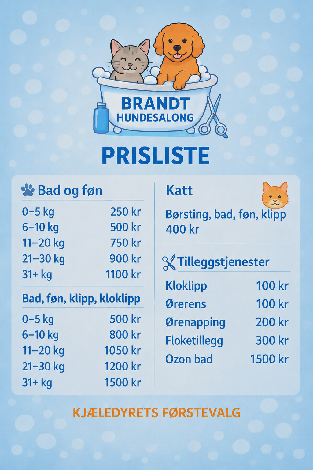 Prisliste for Brandt Hundesalong